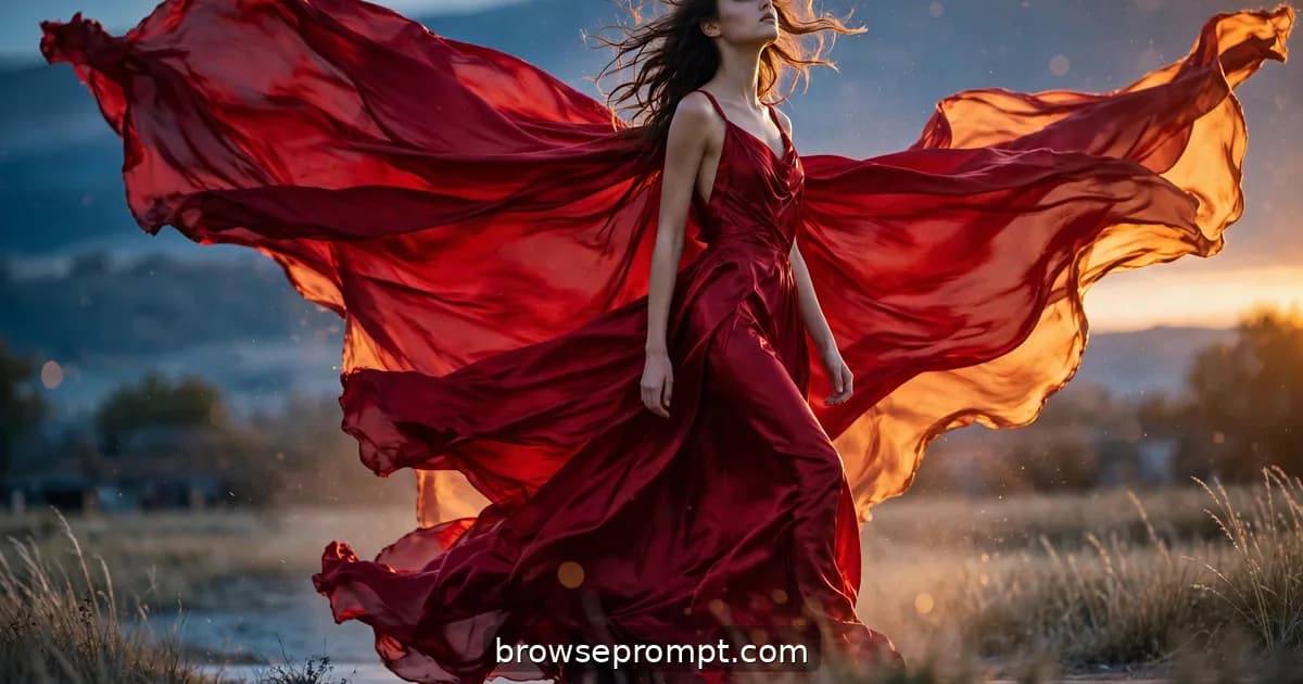 A model in a billowing crimson silk gown strides toward the camera on a windswept outdoor runway at dusk.