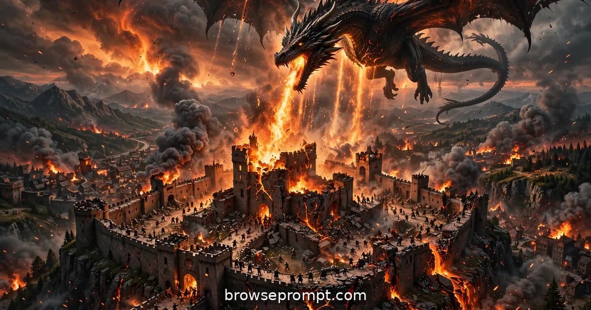 A dragon raining fire on a besieged castle, captured from above the burning walls.