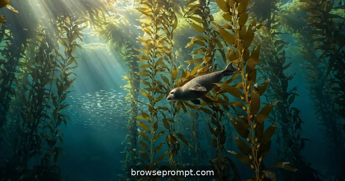 Sunbeams pierce a towering kelp forest as a harbor seal glides between the swaying fronds.