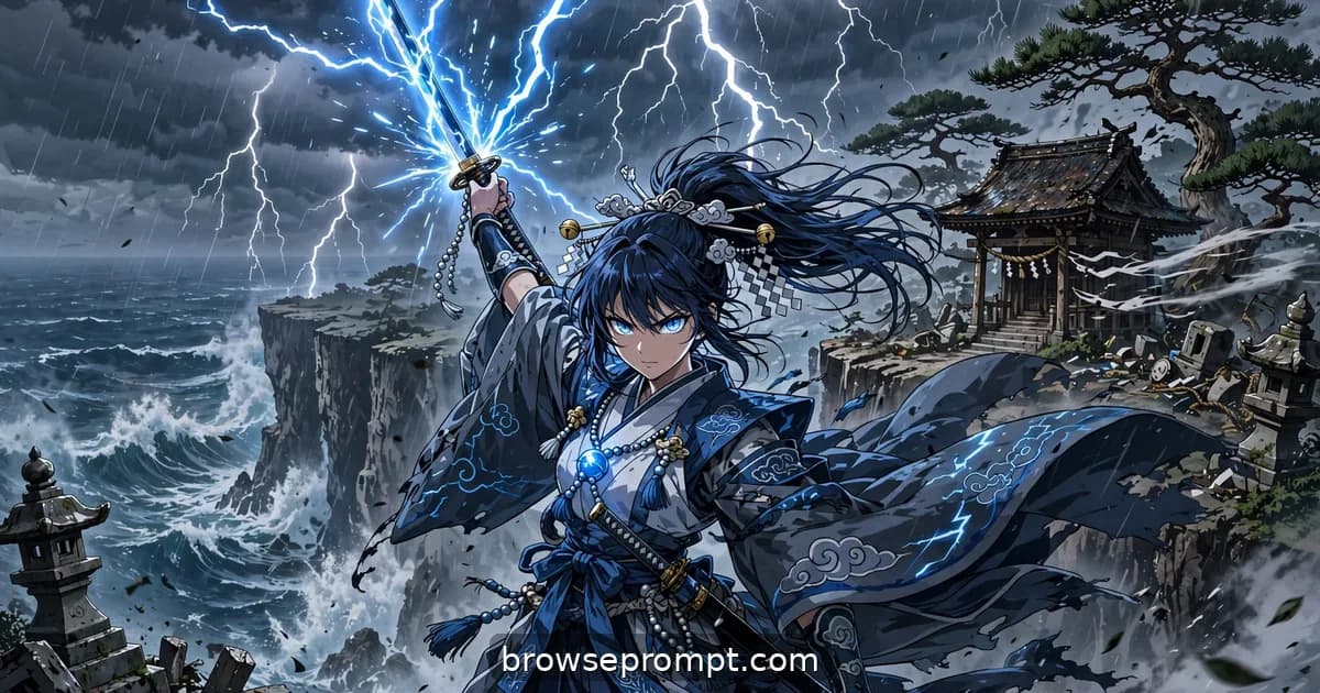 A storm priestess in white and indigo raises her katana as lightning strikes the blade atop a typhoon-battered cliff shrine.