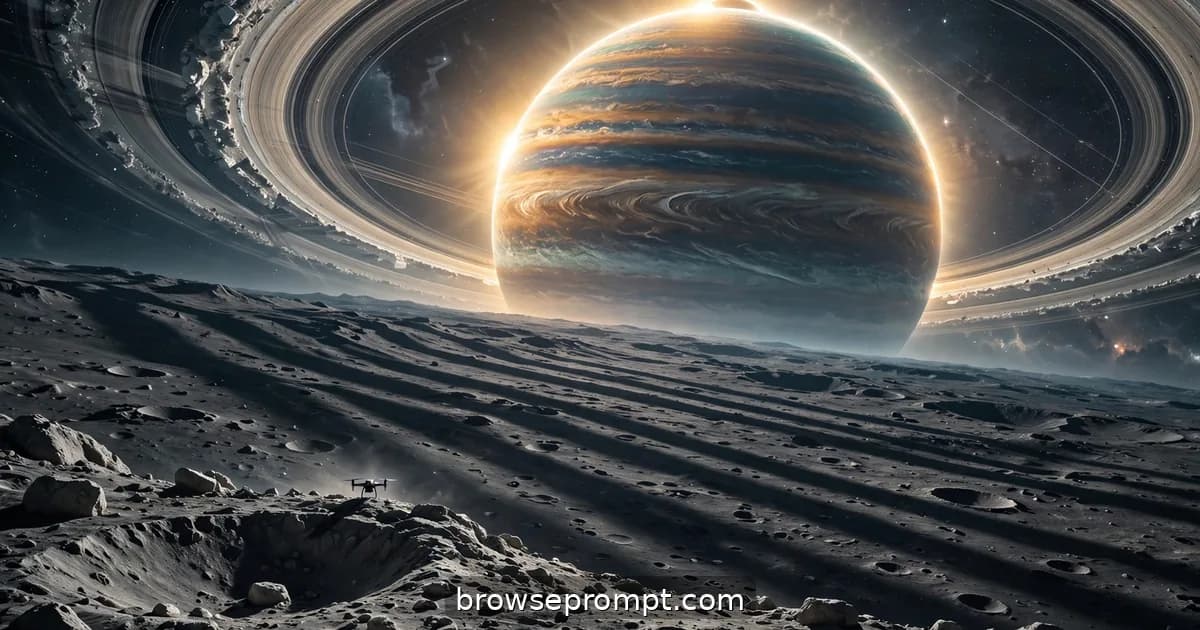 A gas giant's ring shadow sweeping across its moon as a drone watches the eclipse from a crater rim.