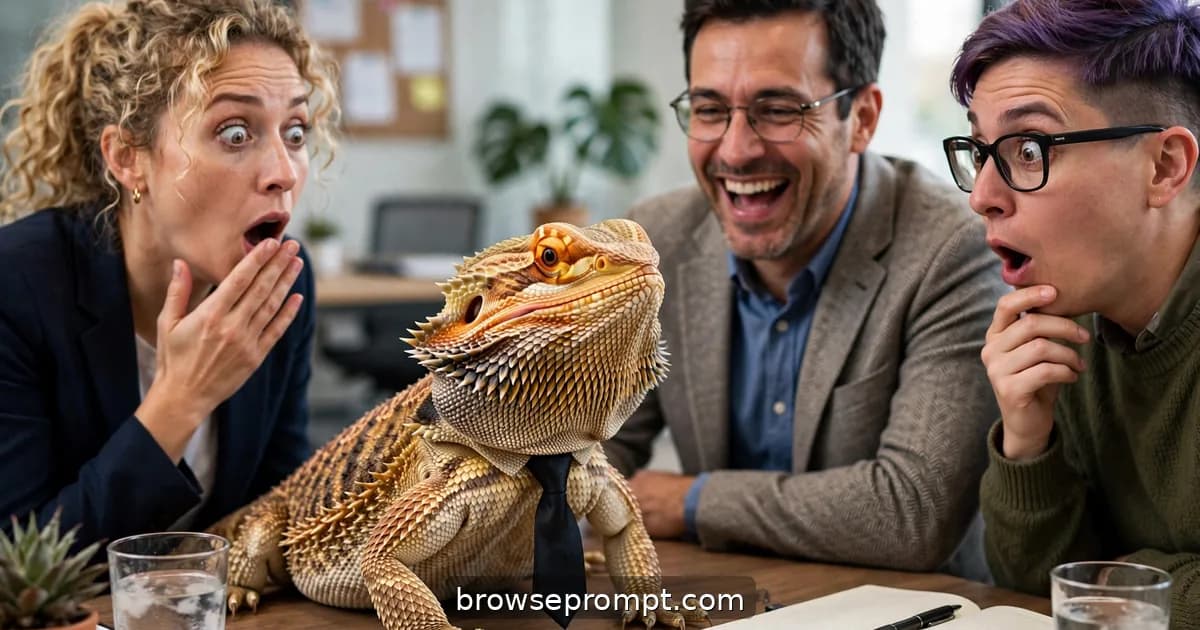 Comedic cover art: a bearded dragon in a tiny tie interviews for a desk job and answers every question with perfect, unblinking stillness.