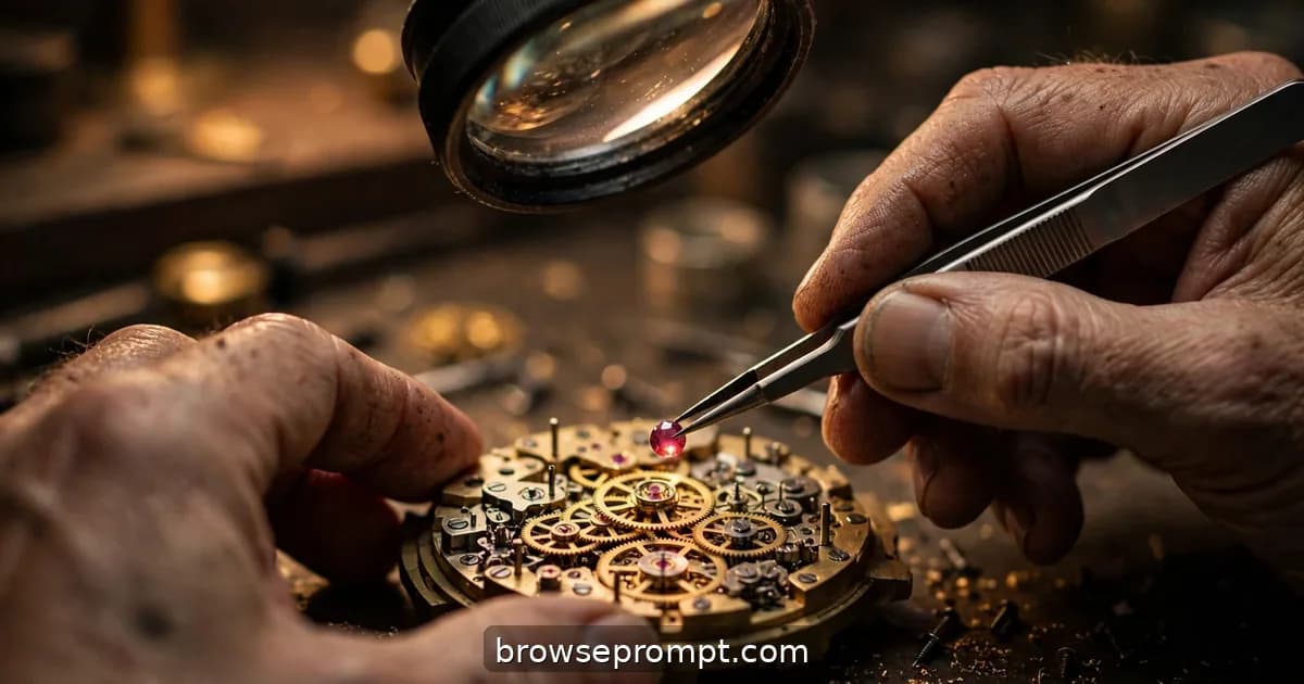 A master watchmaker's hands placing a ruby jewel into a mechanical movement with tweezers under a loupe.