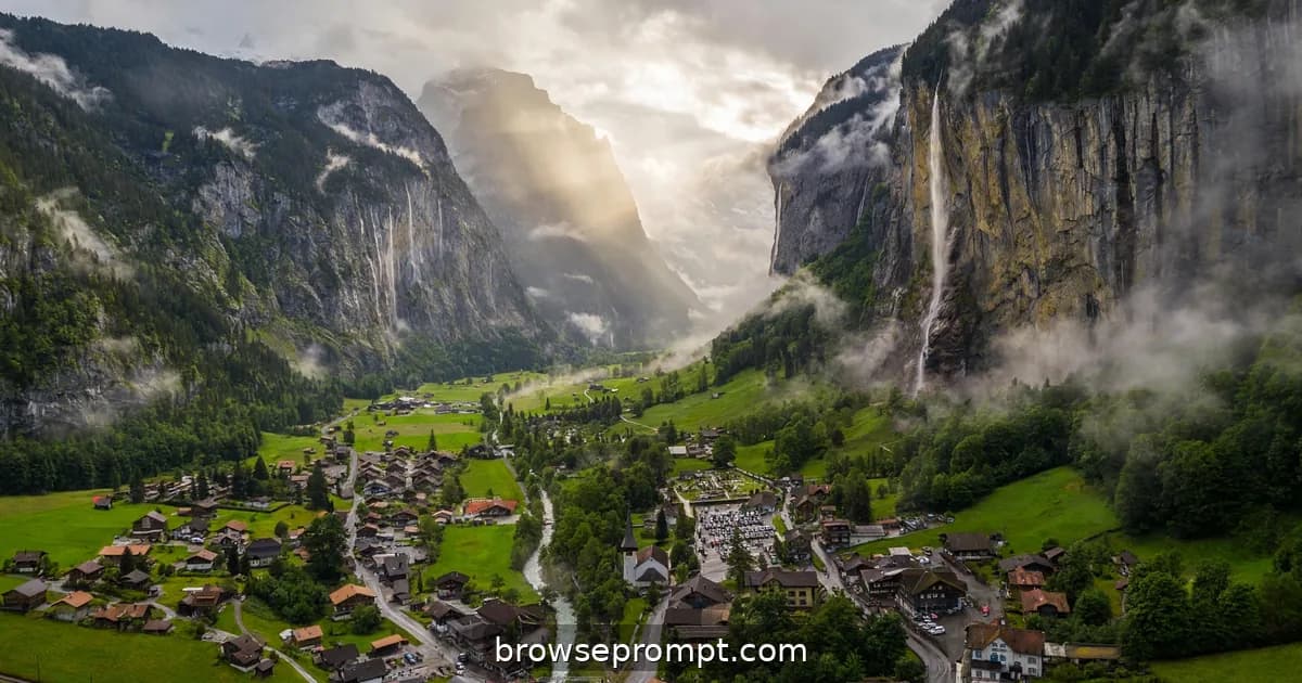 Drone view of Lauterbrunnen valley with Staubbach Falls plunging between sheer cliffs and chalets.