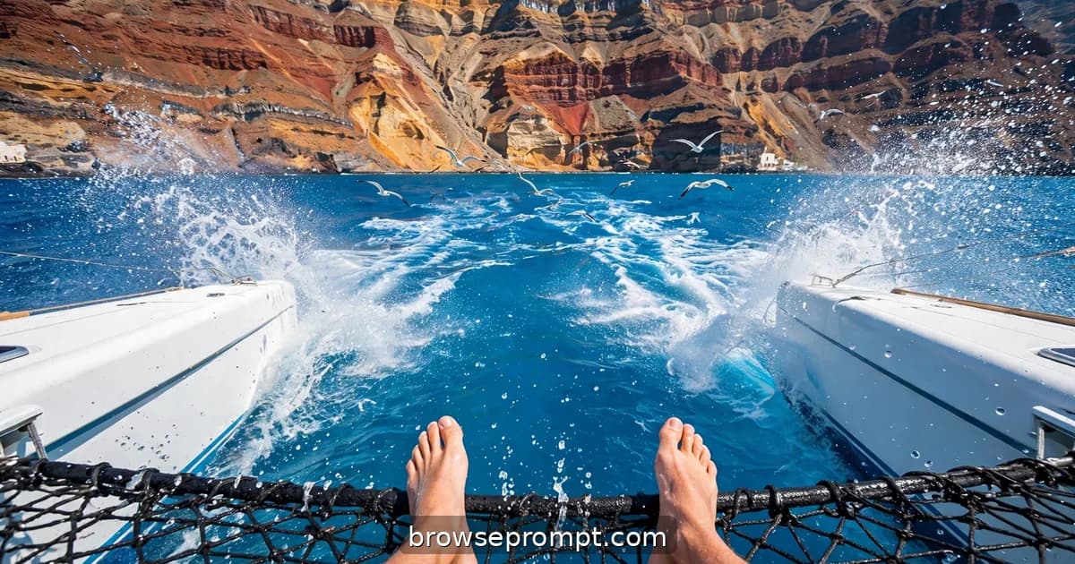 Catamaran bow net slicing turquoise Aegean water toward Santorini's towering caldera cliffs.