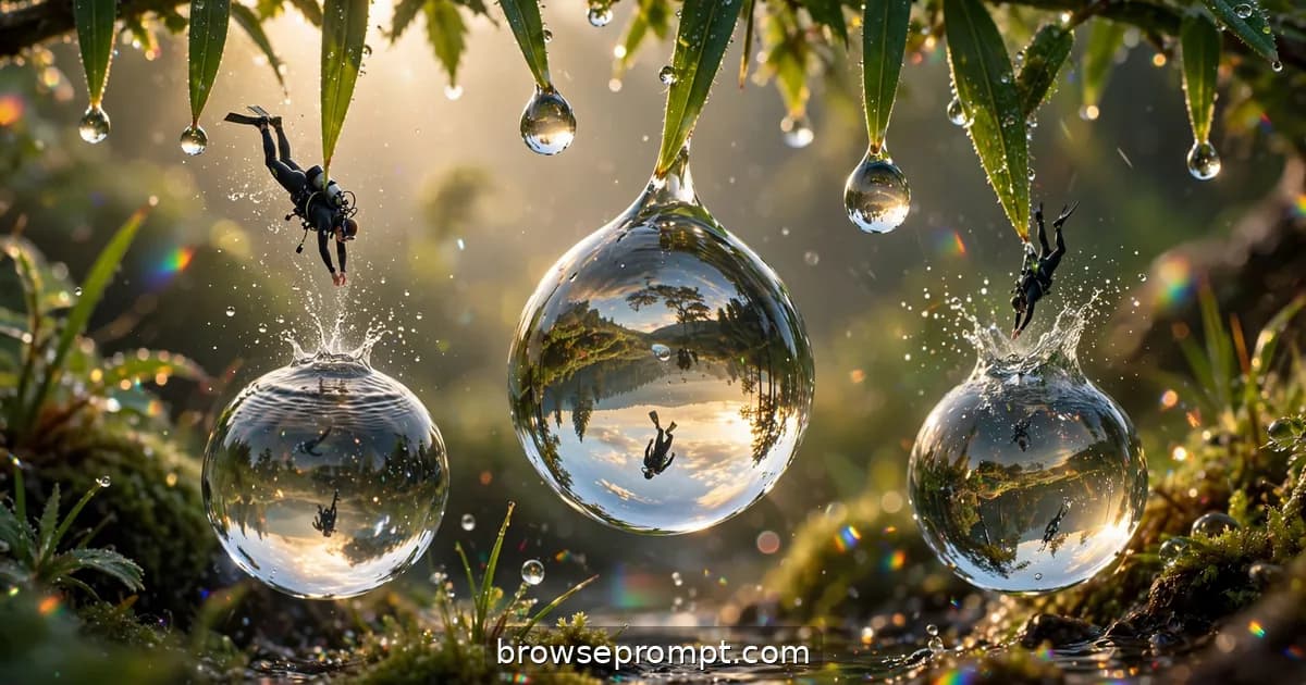 Tilt-shift photo of tiny divers in wetsuits plunging from leaf-tips into glistening dewdrops.