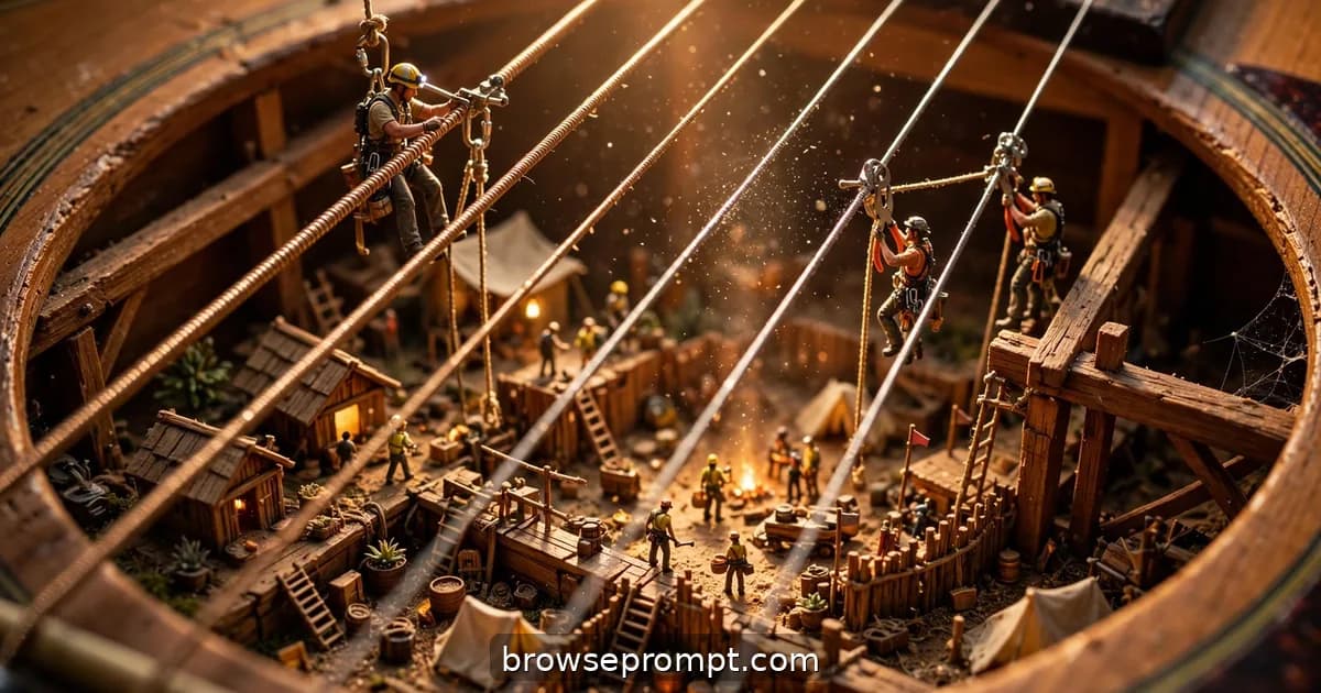 Tilt-shift photo of tiny villagers living among giant guitar strings that hum like power lines.