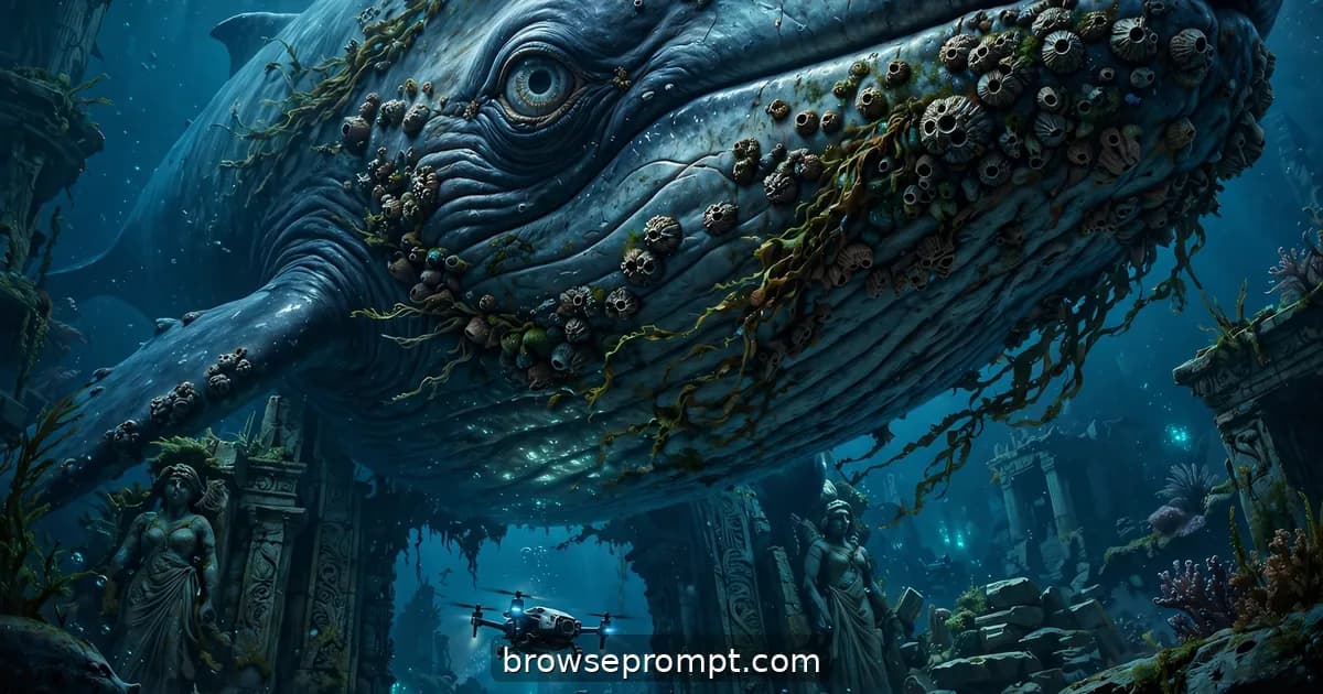 A colossal leviathan whale guarding the sunken city's gate as the drone passes beneath it.