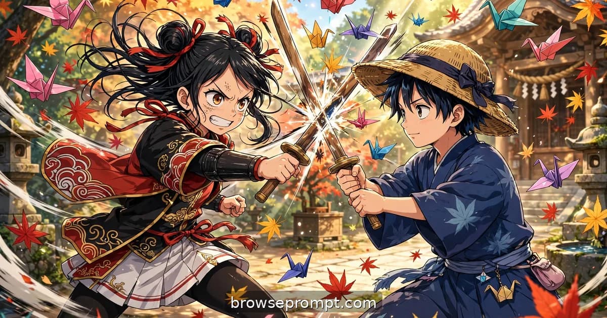 Two laughing children cross wooden practice swords in a shrine courtyard strung with a thousand colorful origami cranes.