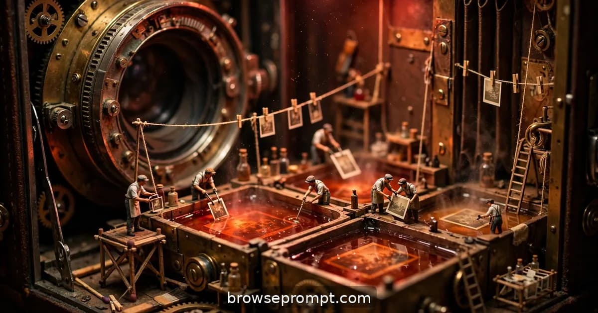 Tilt-shift photo of tiny photographers developing giant prints inside a vintage camera.