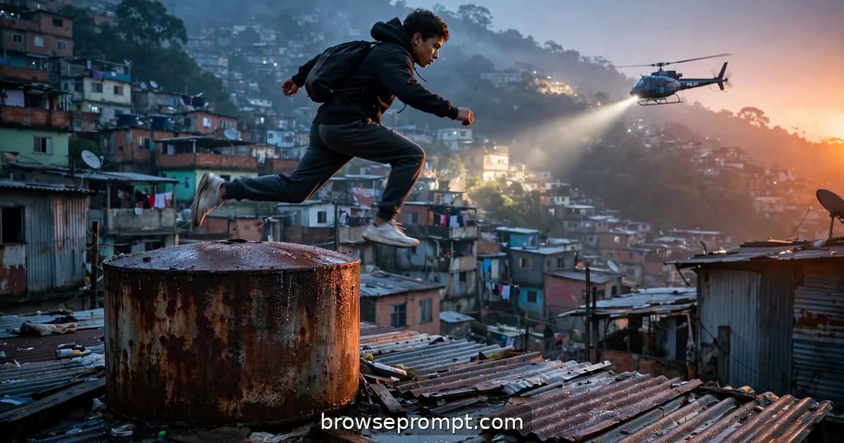 Runner leaping across corrugated favela rooftops at dawn with a helicopter spotlight sweeping behind, cinematic still.