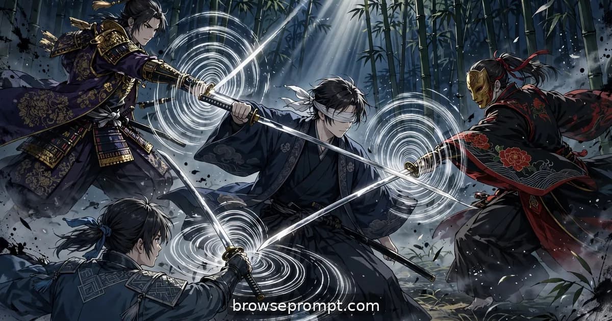 A blindfolded swordsman stands calm in a moonlit bamboo grove as three armored duelists circle him, blades glinting.