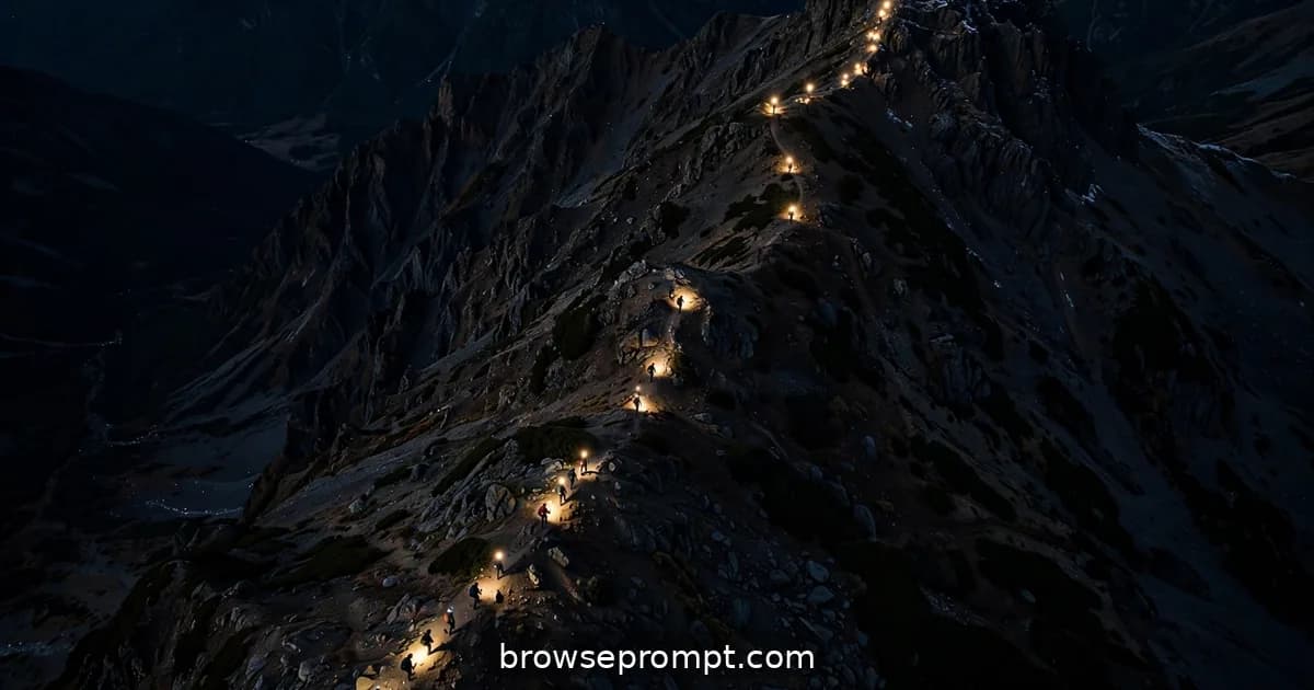 Aerial nature cover art: at night, a line of headlamps climbs a dark ridge toward a summit, the drone watching from above.