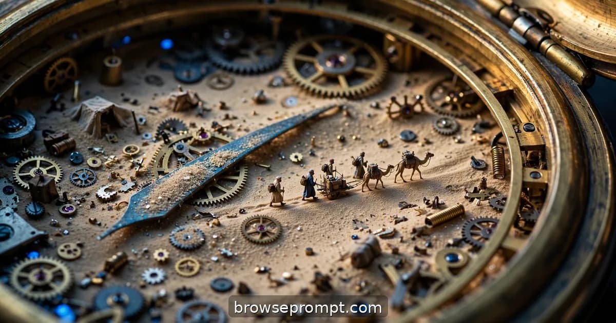Tilt-shift photo of tiny nomads crossing gear dunes in a desert inside a giant pocket watch.