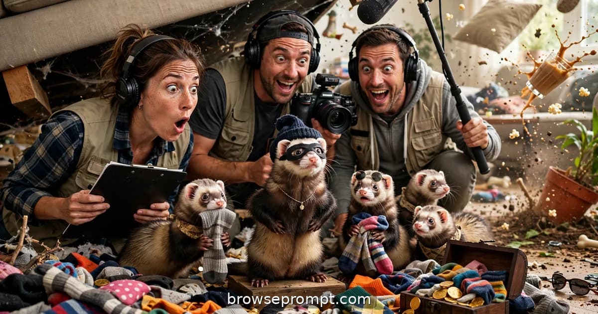 Comedic cover art: a nature documentary crew tracks a ferret crime ring operating beneath a suburban couch, with a sock stash worth a fortune.