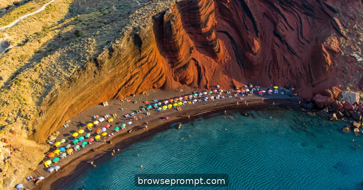 Aerial view of Santorini's Red Beach with iron-red cliffs curving around dark volcanic sand.
