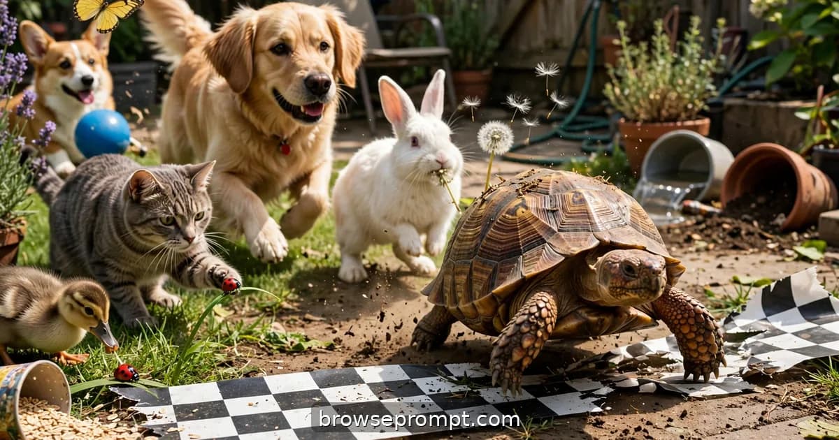 Comedic cover art: a backyard pet race ends in scandal when the tortoise wins because every faster animal got distracted within ten feet.