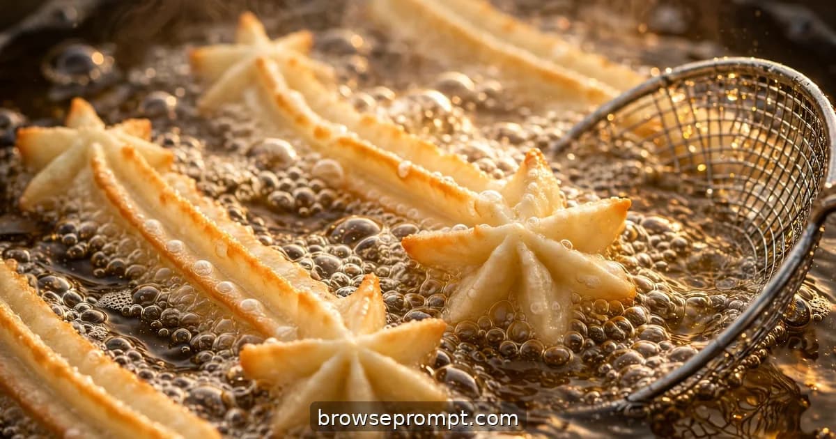 Ridged churro dough extruding into bubbling golden oil, puffing and turning amber in slow motion.