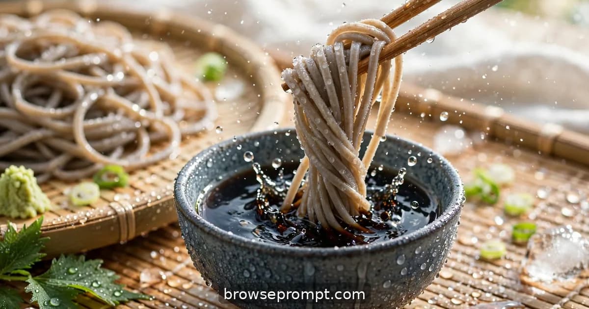 Cold soba noodles on a bamboo mat being dipped into dark tsuyu sauce, ice water droplets glistening.
