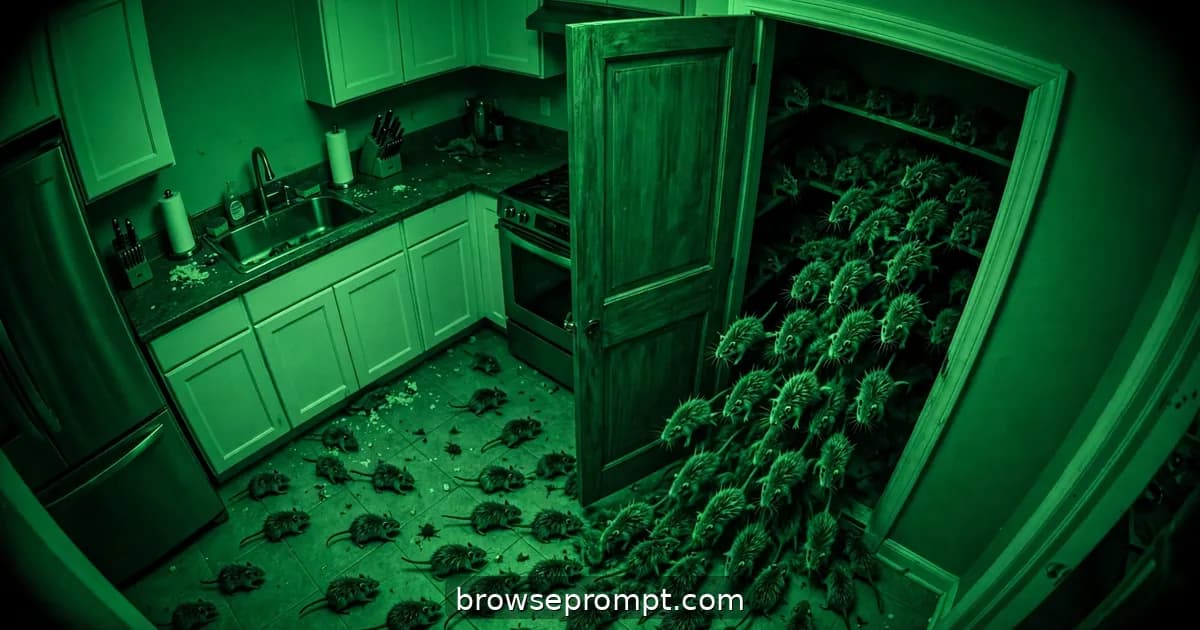A cinematic horror still of feral in the pantry — infestation nightmare under green-black night vision.