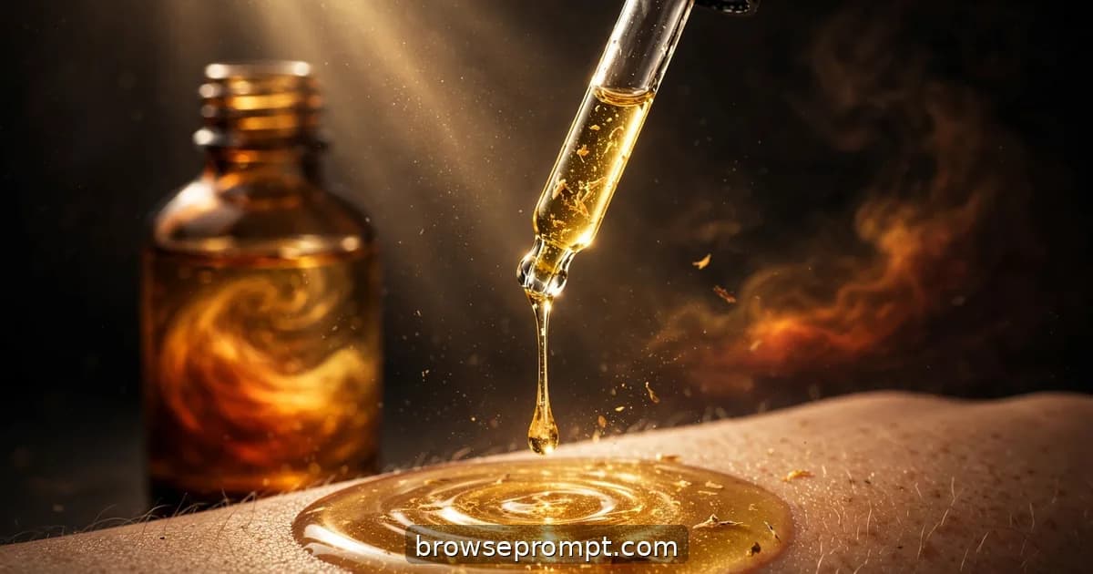 A single golden oil drop falling from a dropper through a shaft of light onto skin in extreme slow motion.