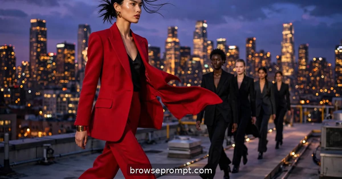 Models parade a rooftop helipad runway at dusk in sharp tailoring and evening wear as city lights ignite behind them.