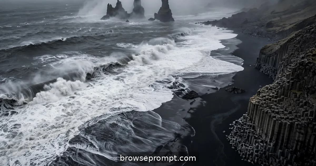 Hexagonal basalt columns towering over black sand as Atlantic waves crash at Reynisfjara, Iceland.
