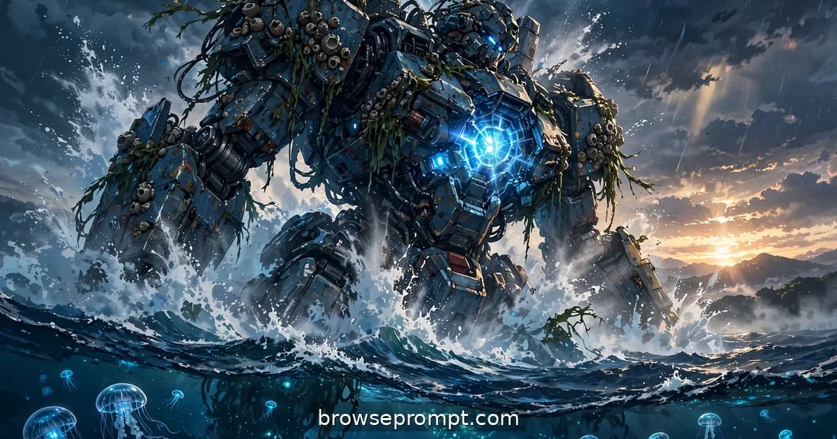 A barnacled colossal mecha rises from the dark ocean floor, water streaming off its hull as it breaches at stormy dawn.