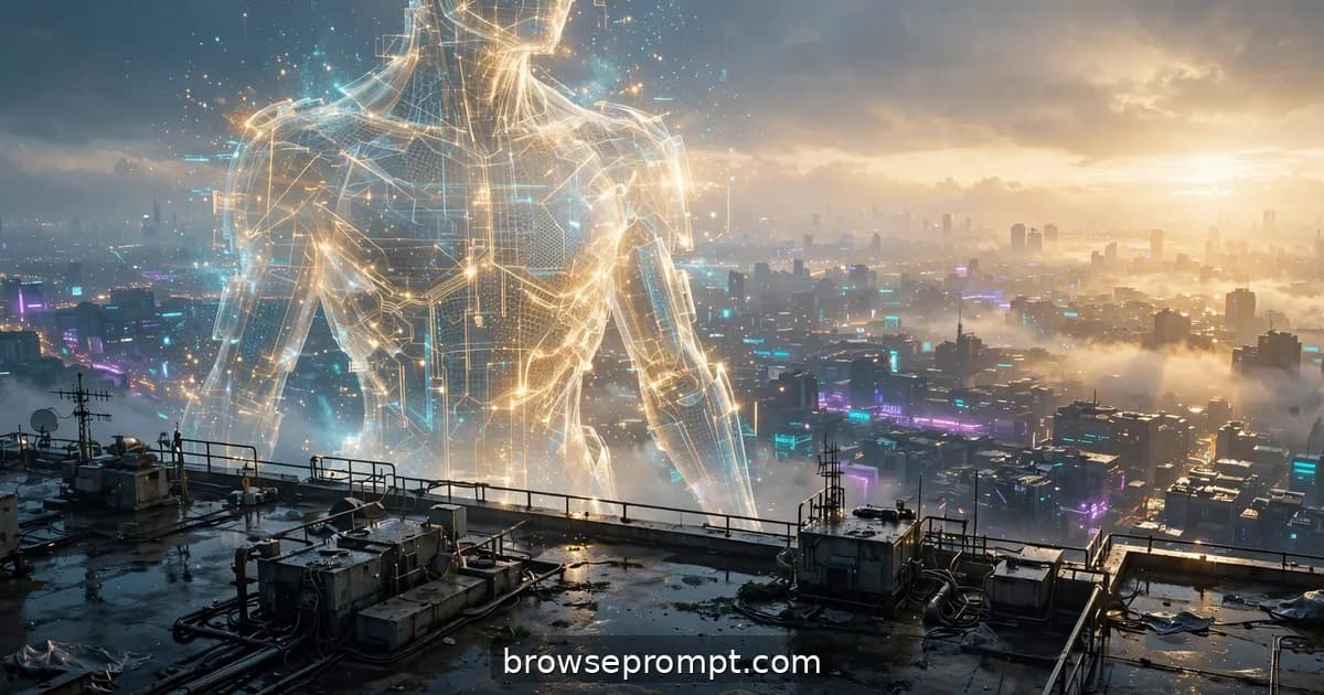 A colossal hologram flickering awake on a cyberpunk rooftop at dawn above a sleeping neon city.