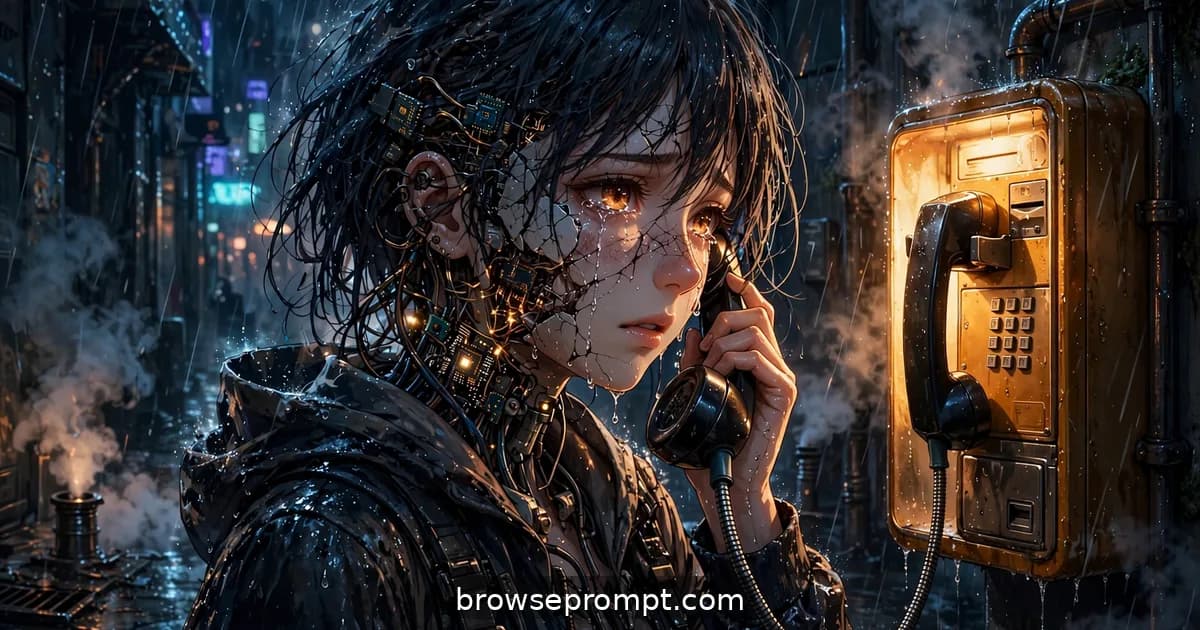 A cracked-faceplate android dials with trembling fingers inside the lonely glow of the city's last payphone in the rain.