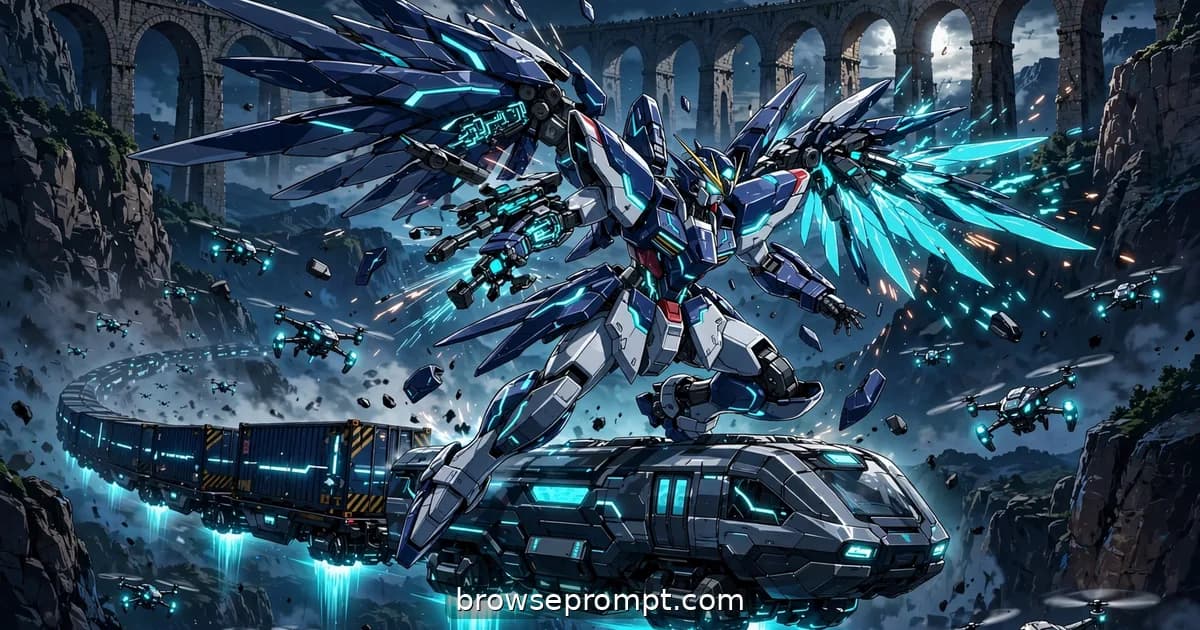 A sleek transforming mecha unfolds on the roof of a levitating freight train crossing a moonlit desert viaduct.