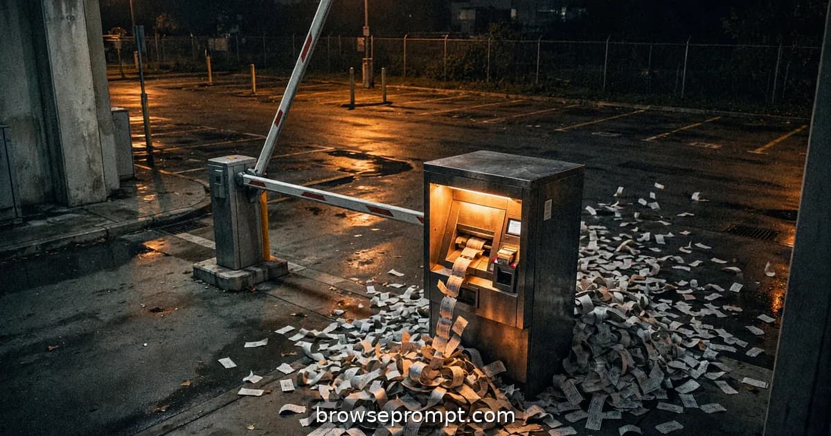 A cinematic horror still of parking ticket machine — bureaucratic nightmare under sodium lot lights, ticket-machine glow.