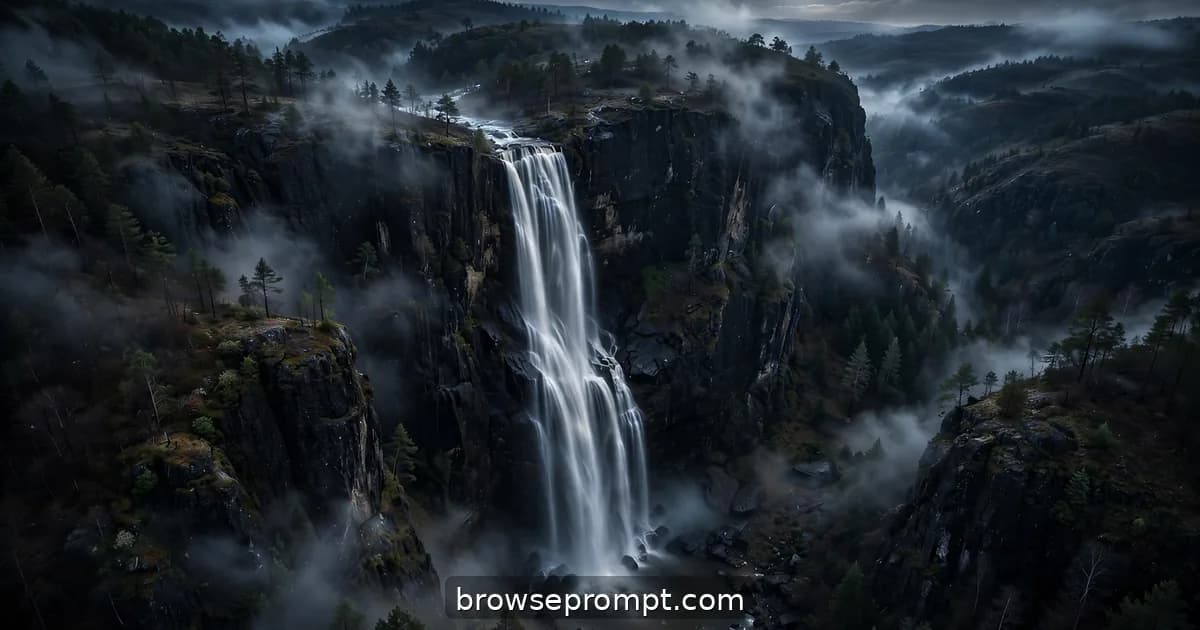Aerial nature cover art: a waterfall under a full moon: silver water, black cliffs, and the long-exposure dream feel.