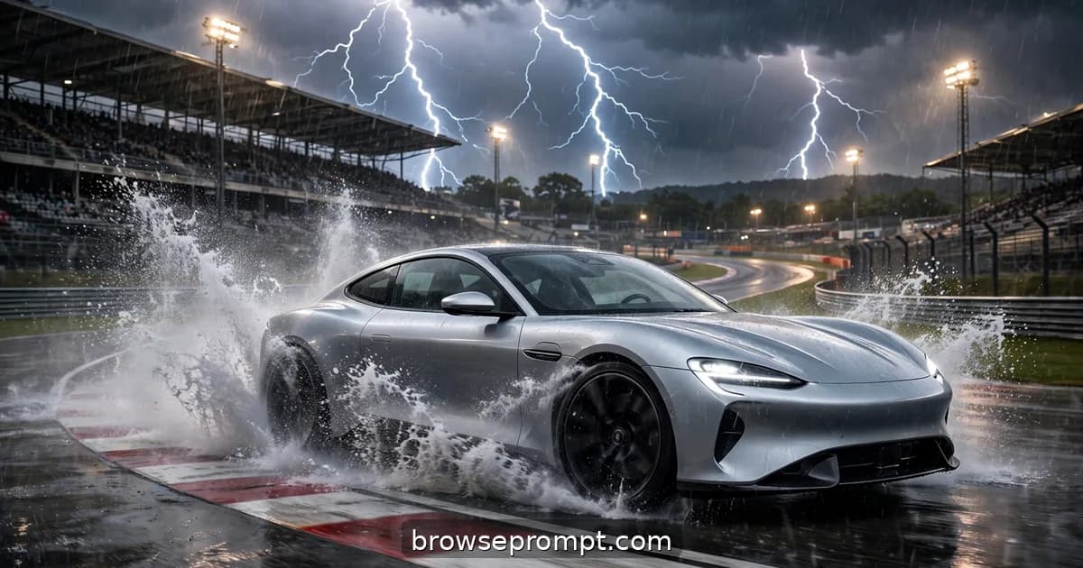 A silver electric performance coupe attacking a rain-lashed racetrack apex, spray erupting behind it.