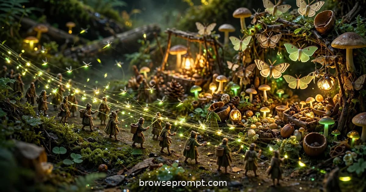 Tilt-shift photo of tiny villagers guiding glowing fireflies on silk threads through a dark forest.