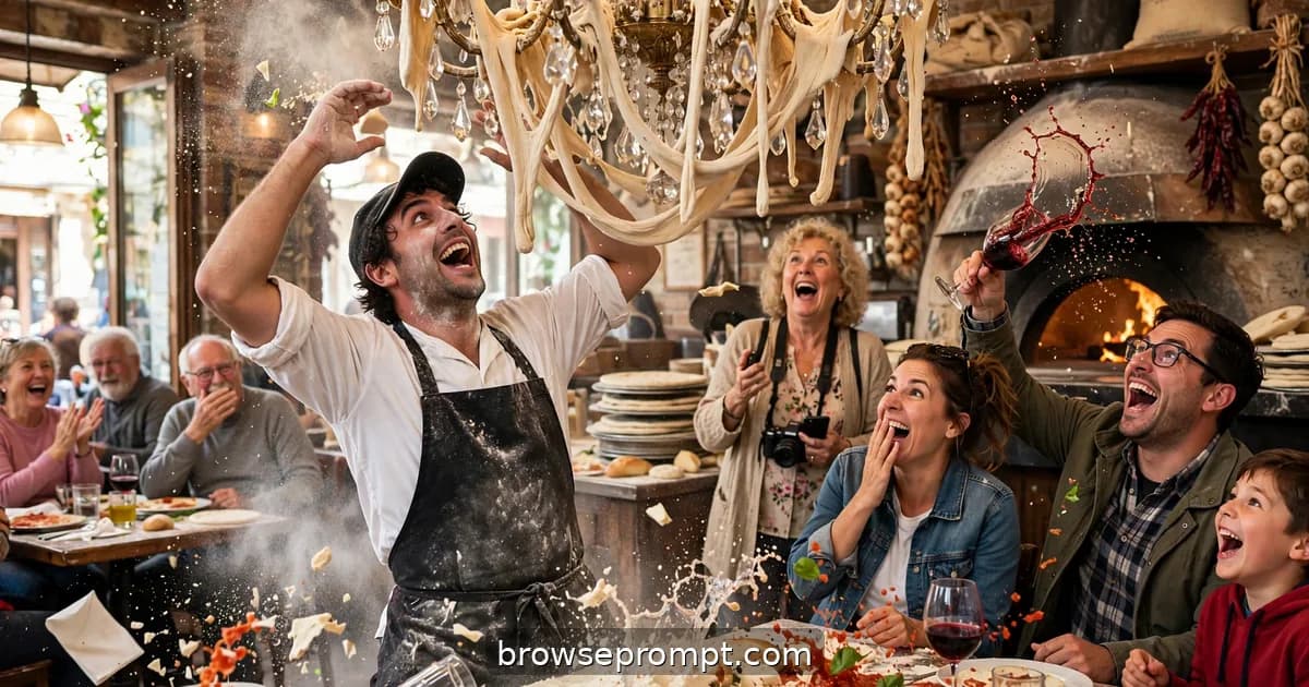Comedic cover art: a show-off pizzaiolo attempts a triple-spin dough toss for tourists and permanently decorates the restaurant's chandelier.