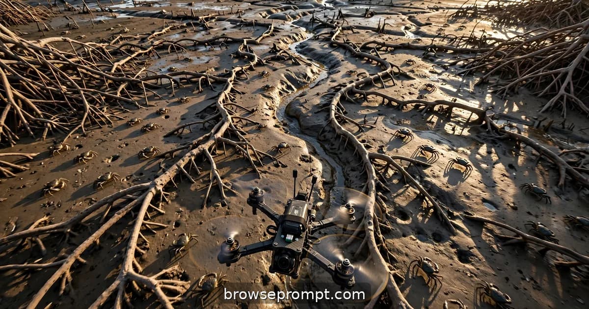 Aerial nature cover art: an FPV drone threads the root maze of a mangrove forest at low tide, crabs scattering.