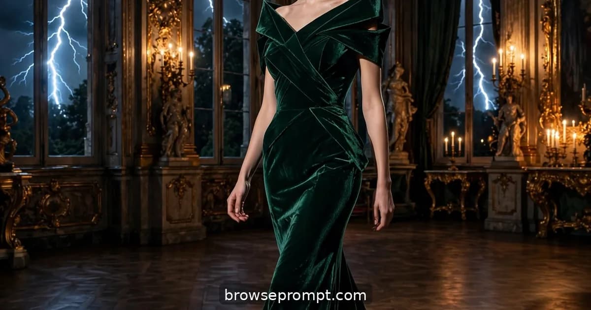 A model in an emerald velvet gown crosses a darkened baroque ballroom as lightning flashes through tall windows.