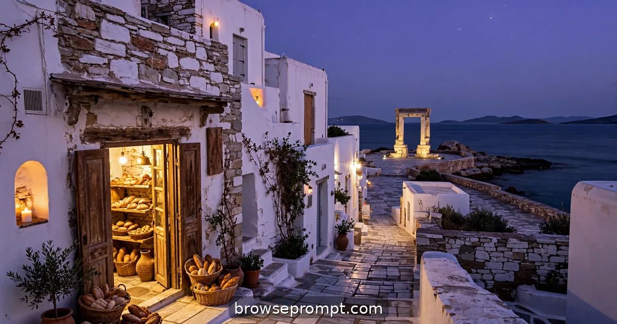 Marble-paved Naxos alley at twilight leading up to the illuminated Portara gate over the sea.