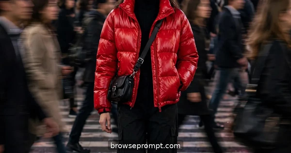A model in a red puffer and camo cargos strides through a surging scramble-crossing crowd, utterly composed.