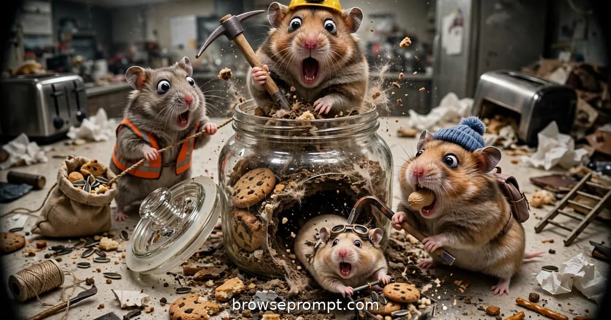 Comedic cover art: tiny security footage captures a hamster crew tunneling into the treat jar in a perfectly planned midnight heist.