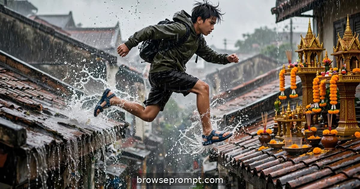Boy leaping between Bangkok shophouse rooftops in a monsoon downpour, cinematic action still.