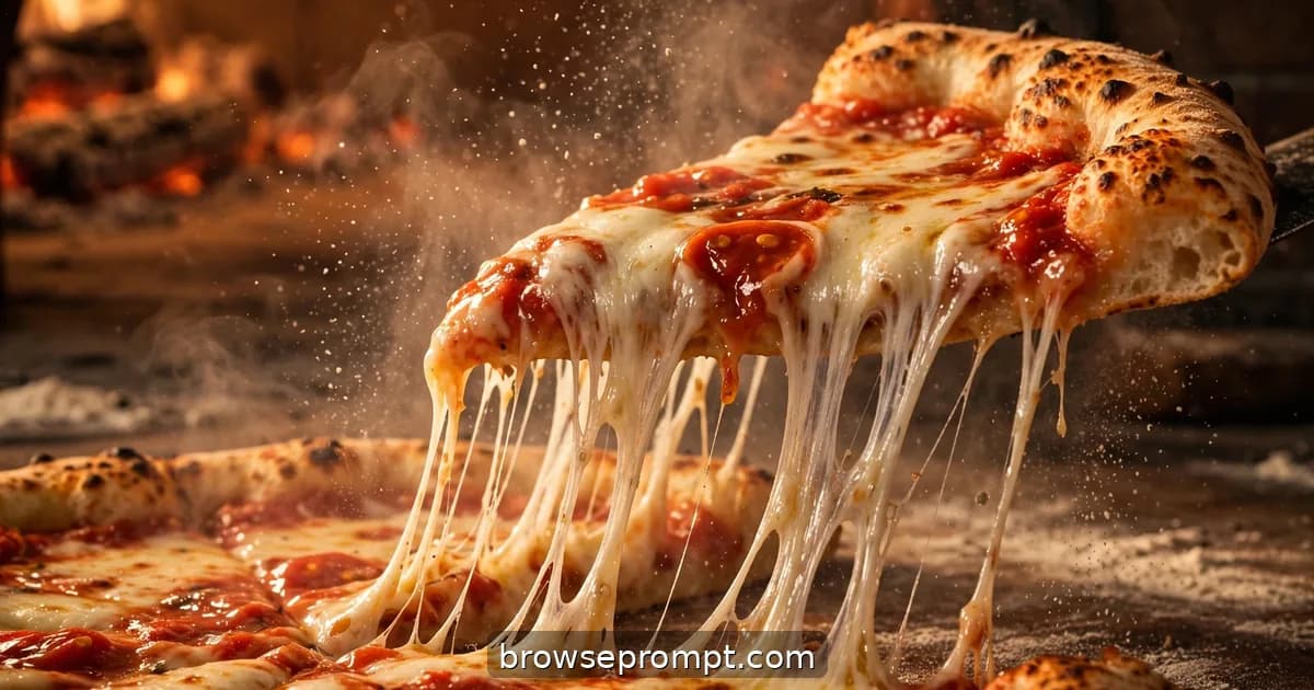 A Neapolitan pizza slice lifted, fior di latte stretching in long molten strands, steam rising through the gap.