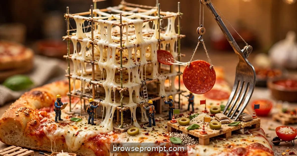 Tilt-shift photo of tiny architects in hard hats building a cheese skyscraper on a giant pizza slice.