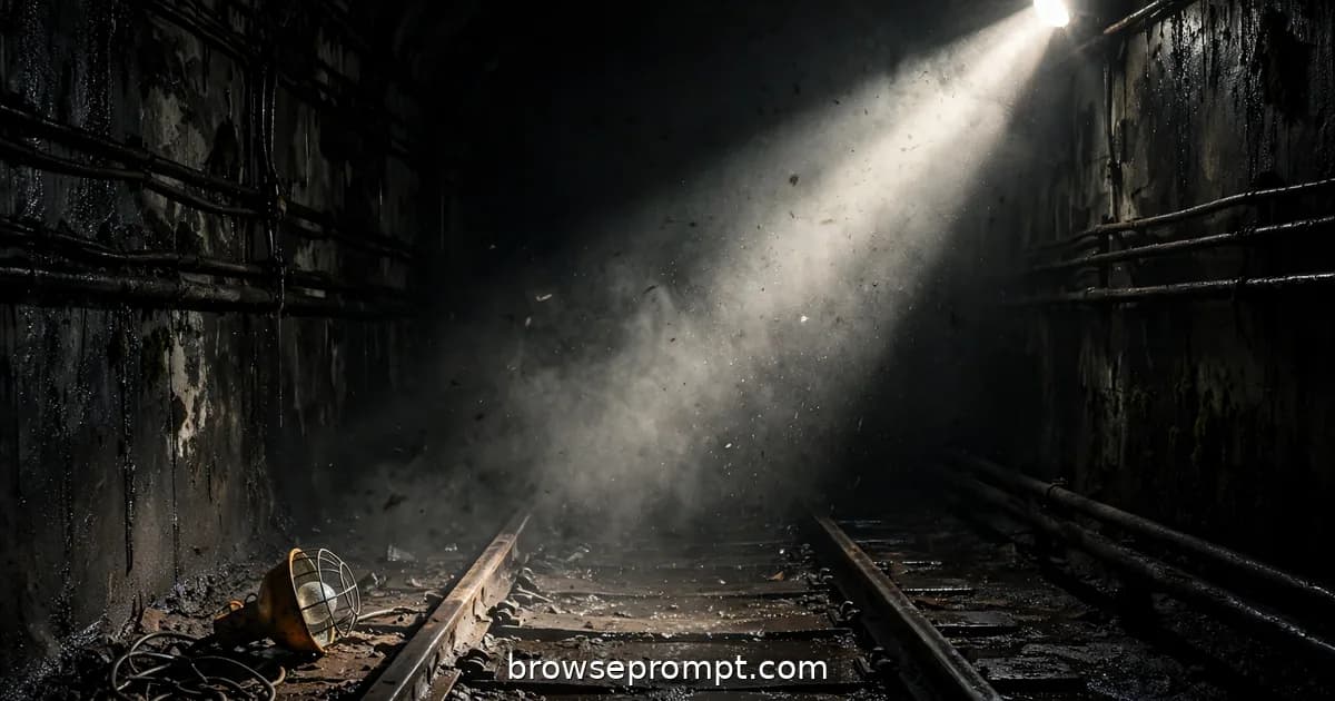 Two fighters clashing in a pitch-black subway tunnel lit by flashlight beams, cinematic still.