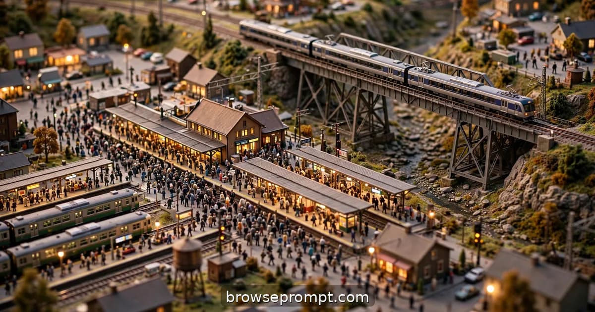 Tilt-shift photo of a model train empire with tiny commuters crowding platforms at rush hour.