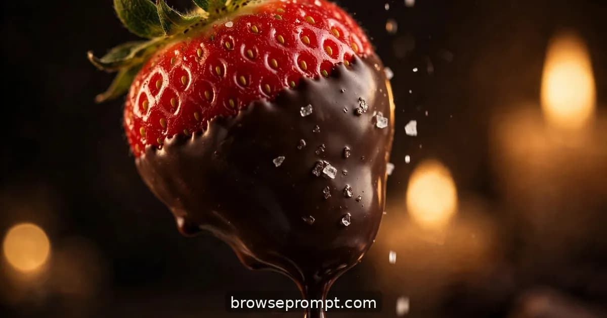 A ruby strawberry emerging from dark chocolate with a slow glossy drip, sea salt flakes on the wet shell.