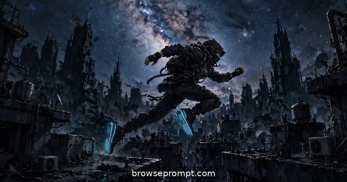 A traceur with faintly glowing soles sprints across blacked-out rooftops under a blazing Milky Way, clutching a paper message.