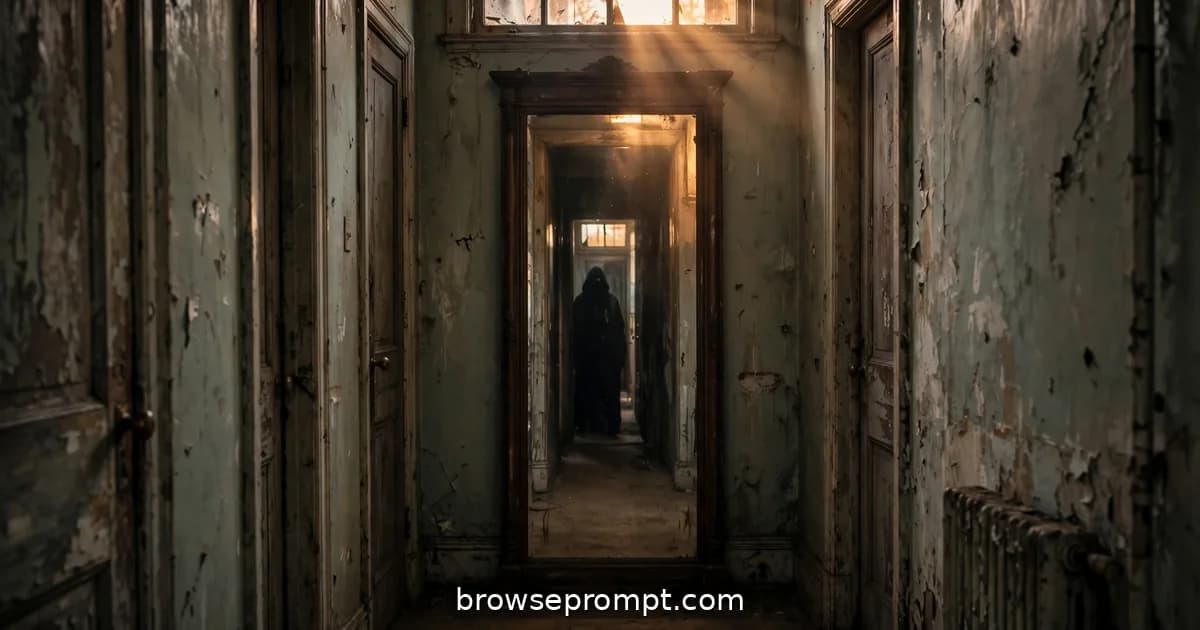 Dark cinematic still of the mirror in the hallway: the oldest mirror fear, executed cleanly, dying daylight through a transom window, mirror catching.