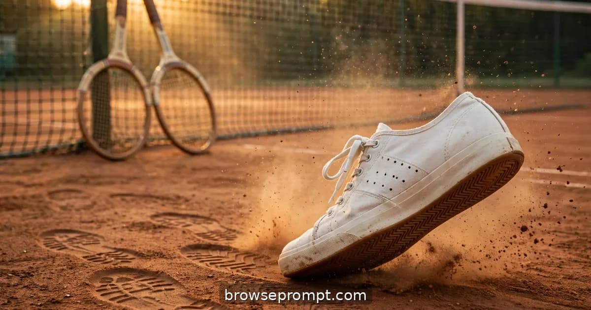 A retro white canvas court sneaker with gum sole pivoting on a clay court, dust puffing in golden light.